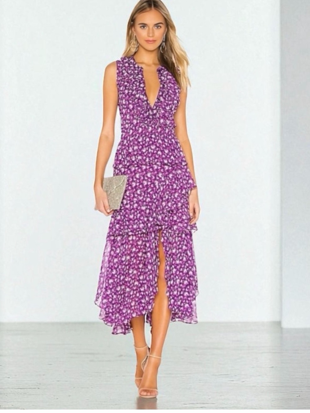 Misa Los Angeles Purple Floral High-Low Ruffle Dress